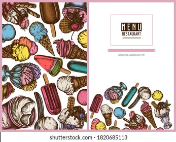 Menu cover design with colored ice cream bowls, ice cream bucket, popsicle ice cream, ice cream cones,
