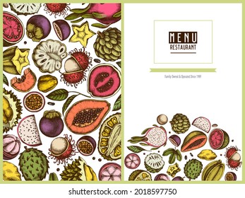 Menu cover design with colored papaya, guava, passion fruit, starfruit, durian, rambutan, pitaya, jackfruit, sugar-apple, soursop, mangosteen