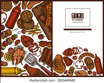 Menu cover design with colored spatula, Pork ribs, kebab, sausages, steak, sauce bottles, grilled burger patties, grilled tomato, grilled salmon steak, grilled bell pepper