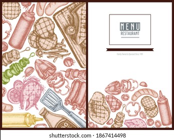 Menu cover design with pastel spatula, Pork ribs, kebab, sausages, steak, sauce bottles, grilled burger patties, grilled tomato, grilled salmon steak, grilled bell pepper