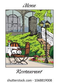 Menu cover design for a restaurant or cafe with a garden and a table with chairs.  Brochure template for coffee house, bistro, bar. Hand drawn vector illustration.
