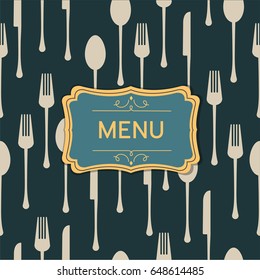 Menu cover design template. Elegant retro style. Seamless cutlery pattern. Vector illustration.
