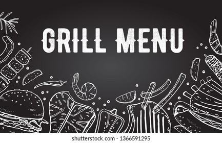 Menu cover design template. Grill and barbecue food. Outline vector hand drawn sketch illustration white on blackboard background