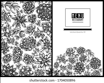 Menu cover floral design with black and white succulent echeveria, succulent echeveria, succulent