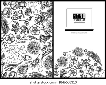 Menu cover floral design with black and white ficus, eucalyptus, peony, cotton, freesia, brunia