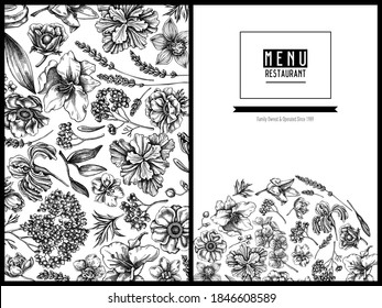 Menu cover floral design with black and white anemone, lavender, rosemary everlasting, phalaenopsis, lily, iris