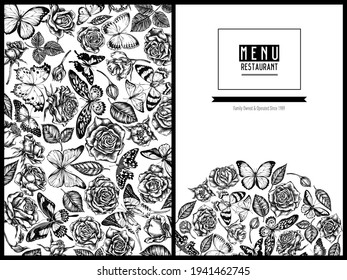 Menu cover floral design with black and white menelaus blue morpho, lemon butterfly, red lacewing, african giant swallowtail, alcides agathyrsus, wallace's golden birdwing, purple spotted swallowtail