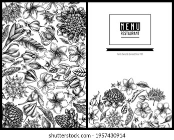 Menu cover floral design with black and white plumeria, allamanda, clerodendrum, champak, etlingera, ixora
