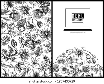 Menu cover floral design with black and white laelia, feijoa flowers, glory bush, papilio torquatus, cinchona, cattleya aclandiae