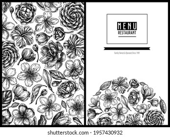 Menu cover floral design with black and white hibiscus, plum flowers, peach flowers, sakura flowers, magnolia flowers, camellia japonica