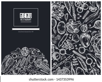 Menu cover floral design with chalk onion, garlic, pepper, broccoli, radish, green beans, potatoes, cherry tomatoes, peas, celery, beet, greenery, chinese cabbage, cabbage, carrot