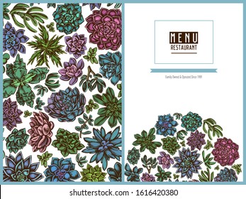Menu cover floral design with colored succulent echeveria, succulent echeveria, succulent
