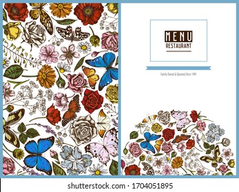 Menu cover floral design with colored shepherd's purse, heather, iris japonica, sakura, gypsophila, chamomile, almond, poppy flower, calendula, blue morpho, lemon butterfly, red lacewing, african