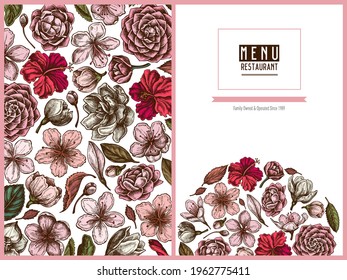 Menu cover floral design with colored hibiscus, plum flowers, peach flowers, sakura flowers, magnolia flowers, camellia japonica