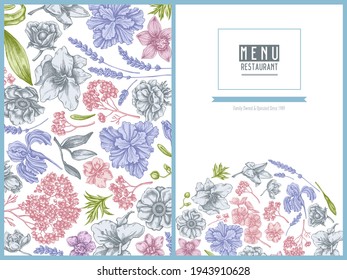 Menu cover floral design with pastel anemone, lavender, rosemary everlasting, phalaenopsis, lily, iris