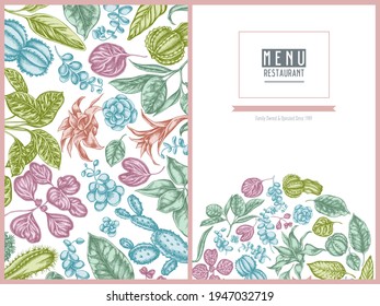 Menu cover floral design with pastel ficus, iresine, kalanchoe, calathea, guzmania, cactus