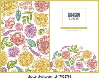 Menu cover floral design with pastel poppy flower, gerbera, sunflower, milkweed, dahlia, veronica