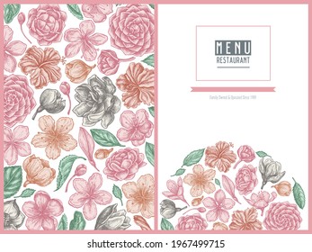 Menu cover floral design with pastel hibiscus, plum flowers, peach flowers, sakura flowers, magnolia flowers, camellia japonica