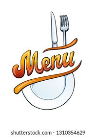Menu cover lettering and illustrations. Restaurant cafe title with fork knife and plate. Calligraphic graffiti comic style headline. Colorful volume font. Vector typographic pop-art inscription