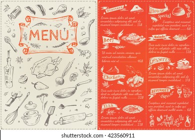 Menu cover page and the menu list. sketches Food icons, vector, bright orange design, vintage, kitchen utensils. chicken, vegetables, fish, desserts, drinks, spices. Bon Appetit. Ribbon flags frame