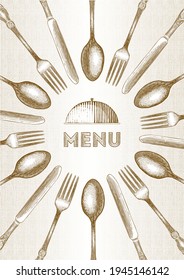 Menu cover template with spoons forks and knives and menu lettering in cloche food