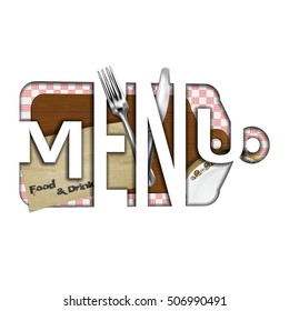 Menu cover template stencil  in the form of a cutting board with a knife and fork, the old textured paper with the words food and drink. Isolated objects with a white background.