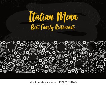 Menu cover typography poster template, text and food symbols, on chalkboard background. Vector illustration with foodstuff border, black and white, yellow title. Restaurant and cafe menu template.