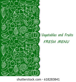 Menu cover of vegetarian hand drawn doodle food elements. Vector illustration for backgrounds, covers, posters, menu with place for text.