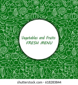 Menu cover of vegetarian hand drawn doodle food elements. Vector illustration for backgrounds, covers, posters, menu