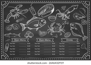 Menu created with hand-drawn seafood. Supported by shrimp, salmon, mussel and calamari drawings.