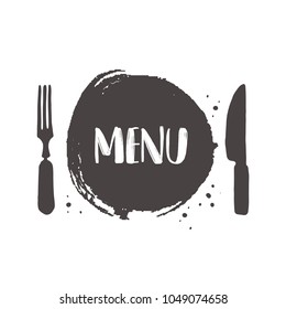 Menu. Cuisine logo, icon and label for your design. Hand drawn vector illustration. Can be used for cafe, restaurant, bar, food studio, poster, sticker, shop, kitchen classes, emblem, sticker, badge.