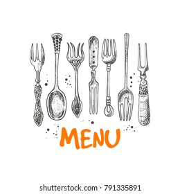 Menu. Cuisine logo, icon and label for your design. Spoons and forks. Hand drawn vector illustration. Can be used for cafe, restaurant, bar, food studio, poster, sticker, shop, kitchen classes.