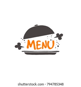 Menu. Cuisine logo, icon and label for your design. Hand drawn vector illustration. Can be used for cafe, restaurant, bar, food studio, poster, sticker, shop, kitchen classes, emblem, sticker, badge.