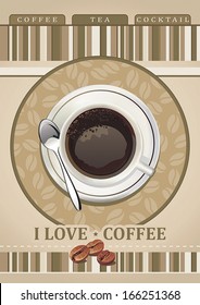 Menu with cup of coffee and grains for coffeehouse, restaurant, cafe, bar. Vector illustration