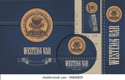 menu with cup of coffee on background of denim