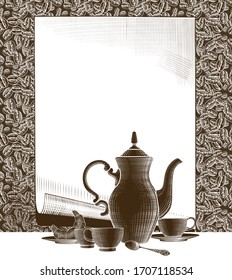 Menú con una taza de bebida caliente, granos de café, cuchara, cafetera. Concepto de café. Dibujo estilizado con grabado de época. Ilustración vectorial.