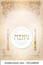 menu, cutlery on grunge background. vintage plate, fork, knife, vintage frame