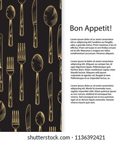 Menu or cutlery shop banner and poster template with hand sketched knife, spoon, fork. Vector illustration