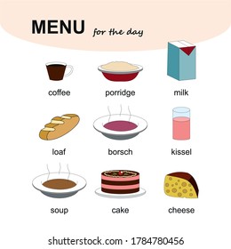 menu for the day. Healthy and tasty variety of food. vector.