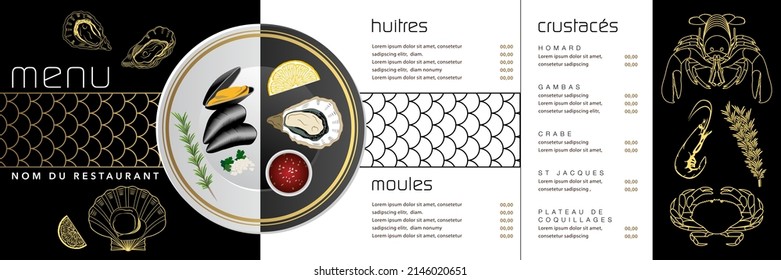 Menu decorated with marine animals for a French cuisine restaurant offering seafood - French text, translation: menu, restaurant name, oysters, mussels, shellfish. 