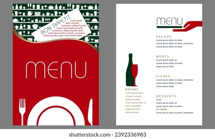 Menu decorated with pictograms of kitchen objects in Christmas colors, red and green, symbolizing simple and varied cuisine for the holidays.