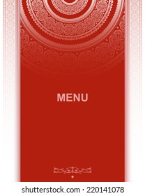 Menu decoration on red background with lace ornament. Vector illustration