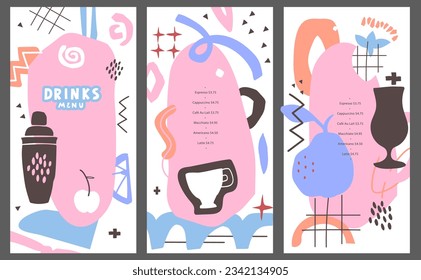 Menu design. Abstract shapes in Matisse style. Silhouettes of glass for cocktail, coffee, fruit and alcoholic drinks. Trendy Wall art. List, banner, booklet, flyer, brochure. Layout bar. Vector art.