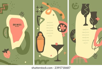 Menu design. Abstract shapes in Matisse style. Silhouettes of glass for cocktail, alcoholic drinks. Trendy Wall art. List, banner, booklet, flyer, brochure. Layout bar. Vector art. Green color. Party.