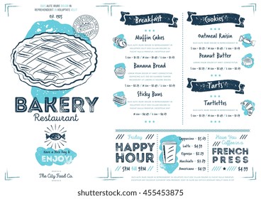 Menu design. Bakery restaurant, bistro and cafe menu brochure. Vector document template with dish and drink list. Hand drawn sketch sweet pie simple design. Fresh bakery food assortment
