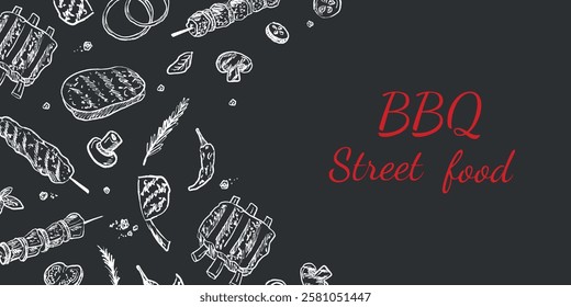Menu design for barbeque, street food cafe. Shawarma, doner kebab, steak, ribs with fresh vegetables in chalk texture. Hand drawn vector sketch illustration in vintage charcoal ink style