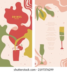 Menu design. Bloody Mary. Alcoholic drinks, juice, fresh, champagne, red wine. Vector editable layout. Abstract shapes and lines. Splash, splash, drops. List, banner, flyer, brochure, booklet, poster 