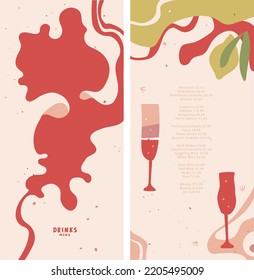 Menu design. Bloody Mary. Drinks,  fresh, champagne, lemonade, red wine. Vector editable layout. Abstract shapes and lines. Splash, splash, drops. 