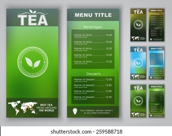 Menu design with blurred background (flyers, banners, brochures) for tea shops or cafes. Vector illustration. Set..