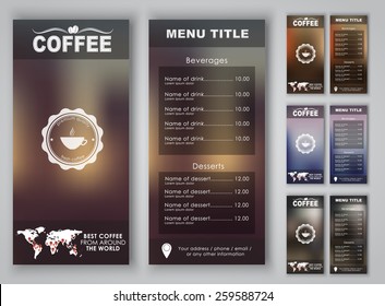 Menu design with blurred background (flyers, banners, brochures) for the coffee shop or cafe. Vector illustration. Set. .